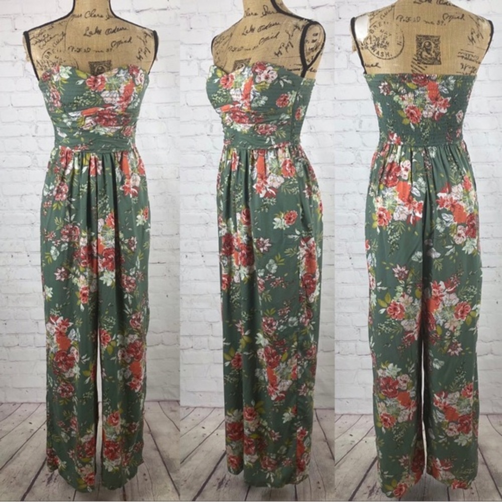 NWT B O G Collective Green Floral Strapless Bustier Wide Leg Jumpsuit